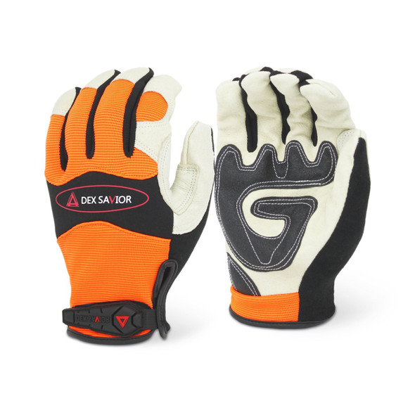 DEX SAVIOR Premium Pigskin Hi-Viz Orange Mechanic Glove