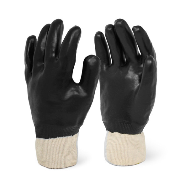 Knit Wrist Smooth Finish Black PVC Chemical Resistant Gloves