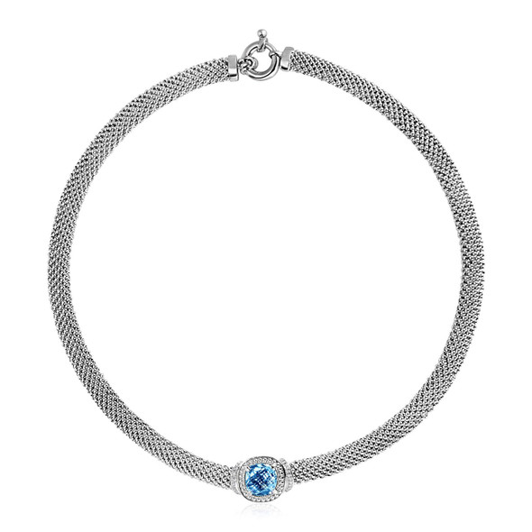 Popcorn Texture Necklace with Blue Topaz and Diamonds in Sterling Silver