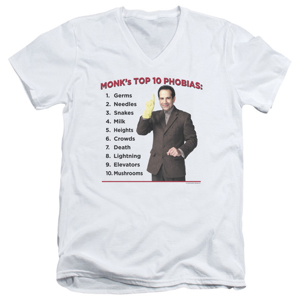 Monk/top 10 Phobias - S/s Adult V-neck - White