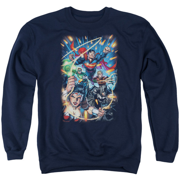 Jla/under Attack - Adult Crewneck Sweatshirt - Navy