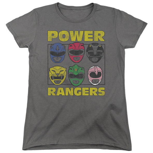 Power Rangers/ranger Heads-s/s Womens Tee-charcoal