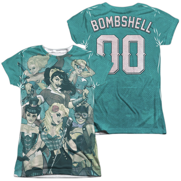 Jla/bombshell Group (front/back Print)-s/s Junior Poly Crew-white