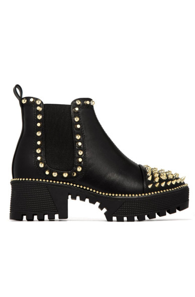 SPIKY METALLIC STUDS CHUNKY PLATFORM PULL ON ANKLE BOOTS-BLACK/GOLD