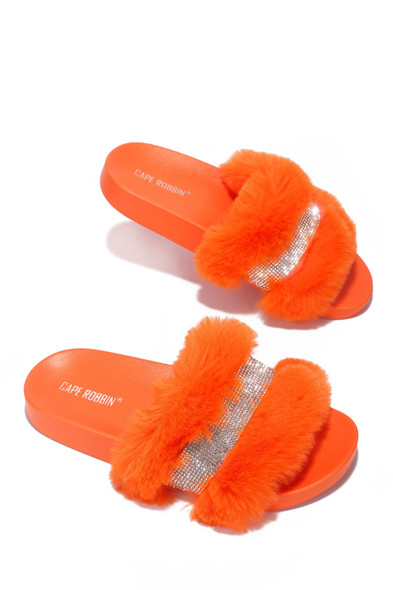 CASSETTE WEEKEND READY RHINESTONE FUR SANDAL-ORANGE