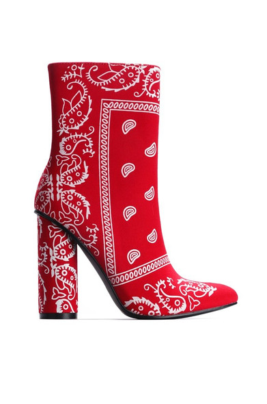 BOAS SNAKE SKIN CHUNKY STACKED HIGH HEELED ANKLE BOOTS WITH BANDANA PRINT-RED