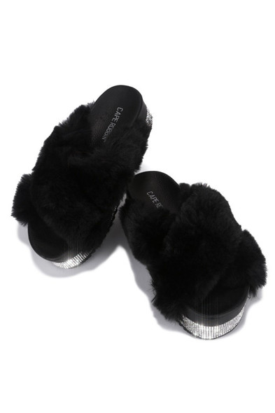 SPOTTY COZY MOOD PLATFORM FUR SLIDES-BLACK