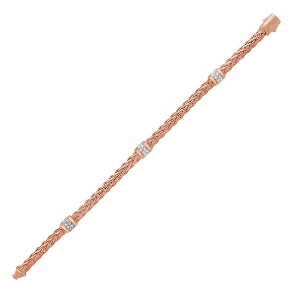 Polished Woven Rope Bracelet with Diamond Accents in 14k Rose Gold