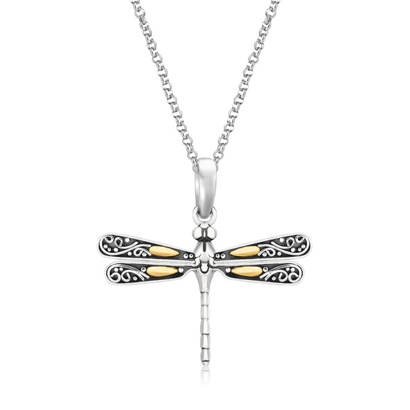 18k Yellow Gold and Sterling Silver Pendant in a Dragonfly Design - RJ39873-18