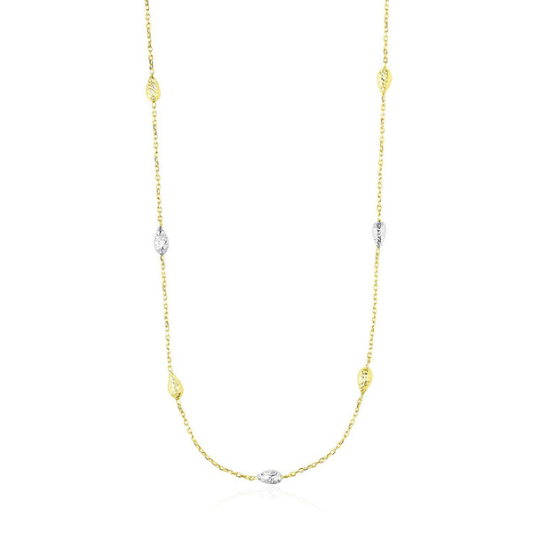 14k Two-Tone Gold Puffed Diamond Cut Teardrop Station Chain Necklace