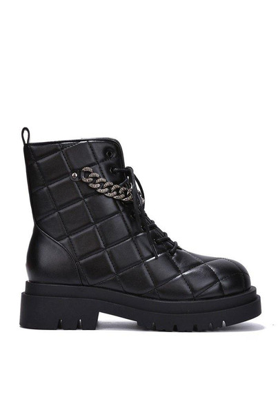 LANCEY CHAIN QUILTED LACE-UP COMBAT BOOTS-BLACK