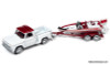 Johnny Lightning 1:64 1965 Chevrolet Stepside Pick-Up w/Boat & Trailer, White/Custom Red Metallic