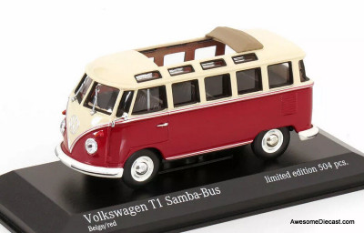 1963 Volkswagen T1 Samba Bus, Beige/Red 1:43 Diecast Model Car by Minichamps
