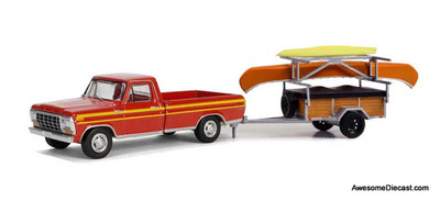1978 Ford F-150 Ranger Explorer  w/ Trailer Rack, Canoe & Kayak, Maroon 1:64 Diecast Model Vehicle by Greenlight
