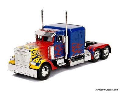 Peterbilt 379 Sleeper Tractor, Blue/Flames: Optimus Prime Transformer 1:24 Diecast Model Truck by Jada