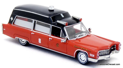 1966 Cadillac Miller Meteor Ambulance, Red/Black: Chicago Fire Department 1:87 ABS Plastic Model Ambulance by Brekina