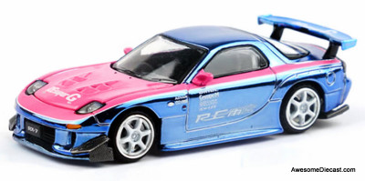 Mazda RX7 RE Amemiya Wide Body, Blue Chrome 1:64 Diecast Model Car by Pop Race
