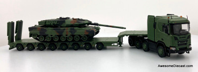 Scania R650 Tractor w/Lowboy Trailer & Leopard 2A6 Main Battle Tank 1:64 Diecast Model Vehicle by Masdi