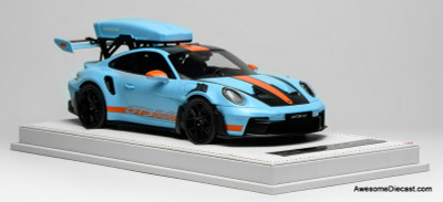 Porsche 911 GT3 RS (992) w/Detachable Roof Rack, Gulf Blue 1:18 Resin Cast Model Car by Ivy Merit