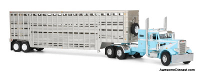 Peterbilt 351 Sleeper Tractor w/45ft Wilson Vintage Livestock Trailer, Blue/White 1:64 Diecast Model Truck DCP by FG