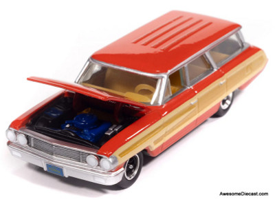 1964 Ford Country Squire, Poppy Red w/Honey-Colored Wood Trim 1:64 Diecast Model Car by Auto World