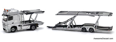 Mercedes Benz Actros MP5 Sleeper Tractor w/Car Transporter Trailer, Silver 1:64 Diecast Model Truck by Tiny