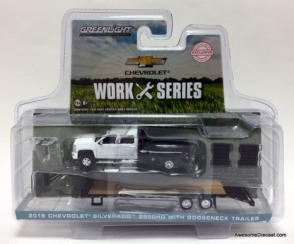 Greenlight 1:64 2018 Chevrolet Silverado 3500HD w/Gooseneck Trailer, White