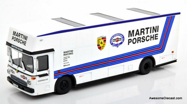 Schuco 1:43 Mercedes Benz 0137 Race Car Transporter: Martini Porsche