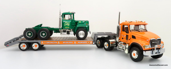Only One! First Gear 1:34 Mack Granite Tractor & Lowboy Trailer w/ R-Mack Tractor Load: Tonyan Bros Inc / Tenuta Cartage
