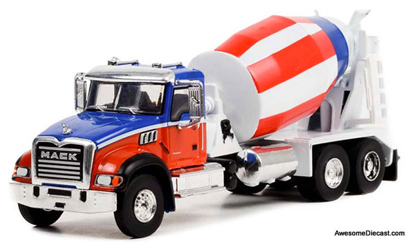 Greenlight 1:64 2019 Mack Granite Cement Mixer, Red/White/Blue