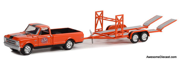 Greenlight 1:64 1968 Chevrolet C-10 STP w/Bed Cover & STP Tandem Car Trailer