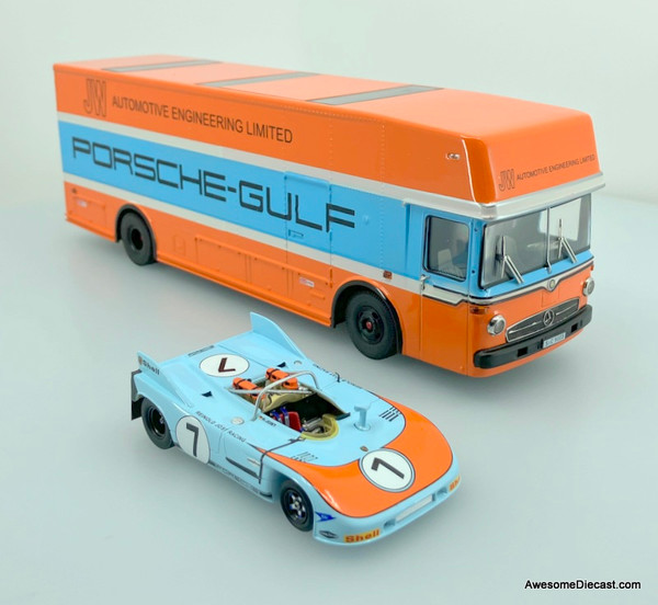 Schuco/Spark 1:43 Mercedes-Benz Racing Car Transporter w/Porsche 908 Race Car #7