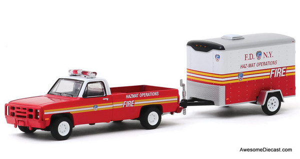 Only One!! Greenlight 1:64 1986 Chevrolet M1008 Pick-Up w/ Small Cargo Trailer: FDNY Haz-Mat Operations