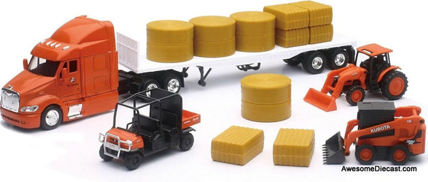New Ray 1:32 Peterbilt Sleeper Cab w/Flatbed Trailer & Kubota Farm Tractors & Hay Bales