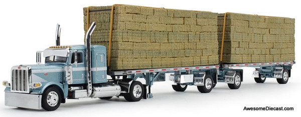 Peterbilt 389 Sleeper Tractor w/ Utility Dual Flatbed Trailers w/ Hay Load, Pacific Blue 1:64 Diecast Truck by DCP by FG