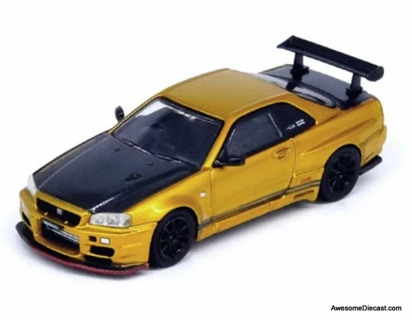 Nissan Skyline GT-R R34 "Top Secret"Tokyo Auto Salon 2024, Gold/Carbon Fiber 1:64 Diecast Model Car by Inno64