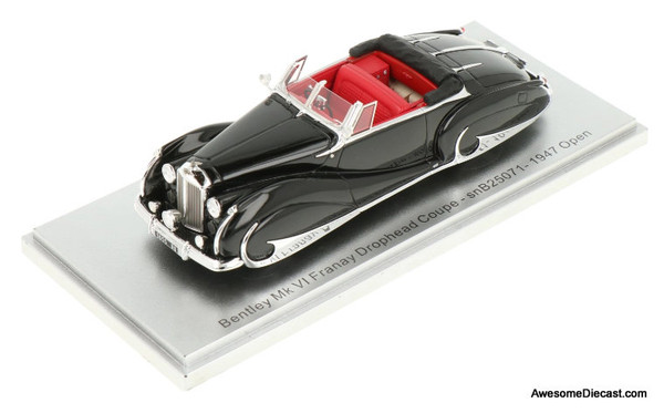 1947 Bentley MK VI sn.B25071 Franay Drophead Coupe Cabriolet (Open Top), Black 1:43 Resin Cast Model Car by Kess