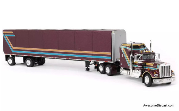 Kenworth W900A  Aerodyne Sleeper Tractor w/53' Utility Spread Axle Roll Tarp Trailer, Purple 1:64 Model Truck DCP by FG