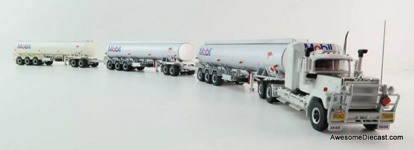 Mack Super Liner Sleeper Cab w/ Three Tanker Trailers Road Train: Mobil 1:64 Diecast Model Truck by Highway Replicas