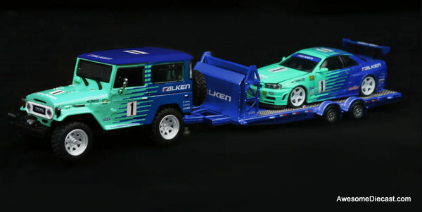 Nissan GT-R R34 & Toyota FJ40 w/Trailer Falken Racing 1:64 Diecast Model Vehicles by Time Micro