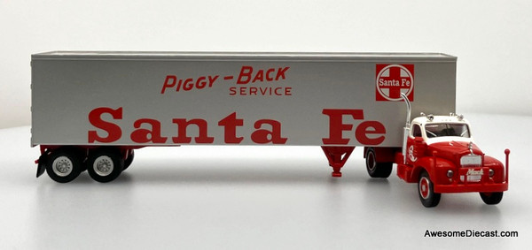 Mack B61 Day Cab w/Dry Goods Trailer: Santa Fe Railroad 1:87 ABS Plastic Truck by Brekina