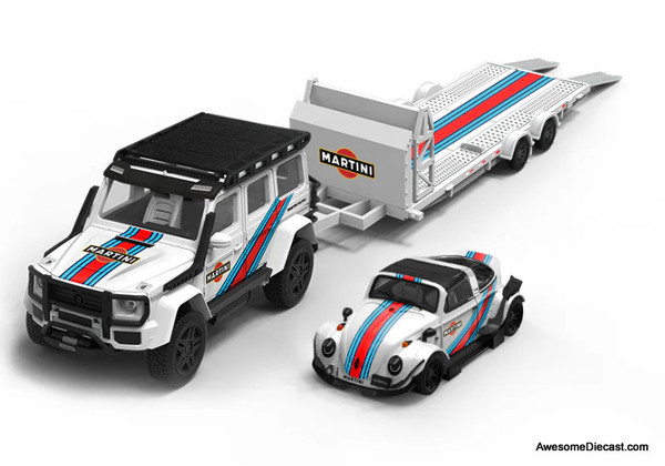 Mercedes Benz G550 & Volkswagen Beetle w/Trailer: Martini Livery 1:64 Diecast Model Vehicles by Time Micro