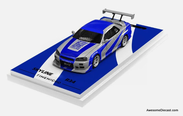 Nissan Skyline GT-R R34, Silver/Blue 1:64 Diecast Model Car by Time Micro