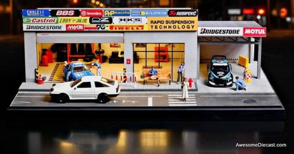 Japanese Auto Repair Shop Scene w/Lights & Accessories 1:64