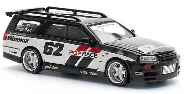 Nissan Stagea #62: Simon's Garage, Black 1:64 Diecast Model Car by Pop Race
