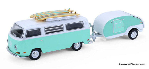 1971 Volkswagen Type 2 w/Surfboards & Teardrop Trailer, Green/White 1:64 Diecast Model Car by Greenlight