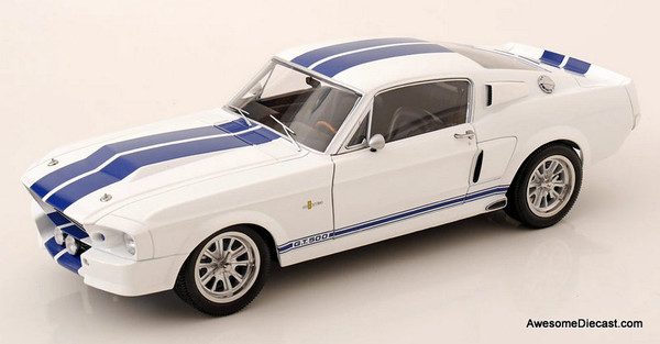 1967 Ford Mustang Shelby GT500, Wimbledon White/Blue Stripes 1:12 Diecast Model Car by KK Scale