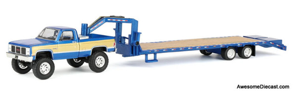 1987 GMC K2500 Pick-Up Truck (Lifted) w/Toolbox & Gooseneck Flatbed Trailer, Blue & Gold 1:64 Diecast Model Truck by Greenlight