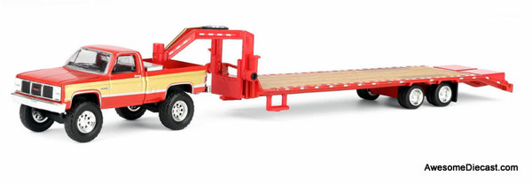 1987 GMC K2500 Pick-Up Truck (Lifted) w/Toolbox & Gooseneck Flatbed Trailer, Red & Gold 1:64 Diecast Model Truck by Greenlight