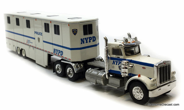 1973 Peterbilt 359 Day Cab w/Horsebox Trailer: NYPD 1:87 ABS Plastic Model Truck by Brekina
